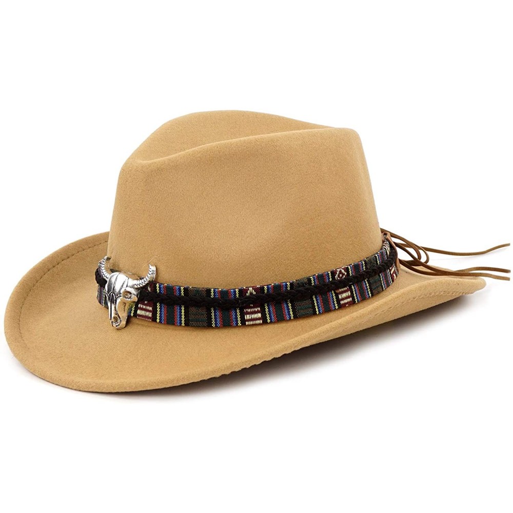 Cowboy Hats Unisex Crushable Cowboy Hat Western Cowgirl Outback Hat Cattleman Fedora with Braided Band and Bull Skull - Camel...