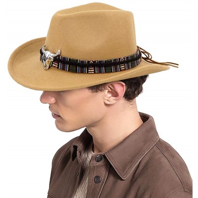 Cowboy Hats Unisex Crushable Cowboy Hat Western Cowgirl Outback Hat Cattleman Fedora with Braided Band and Bull Skull - Camel...