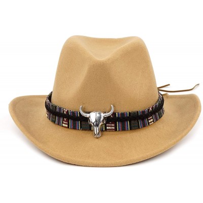 Cowboy Hats Unisex Crushable Cowboy Hat Western Cowgirl Outback Hat Cattleman Fedora with Braided Band and Bull Skull - Camel...