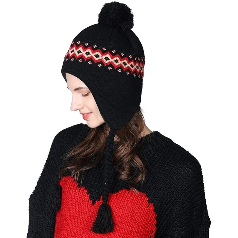 Skullies & Beanies Women Knit Beanie Snow Winter Hat Ski Cap with Pom for Girl Cold Weather 54-60cm - 00799-black - CQ18ZCZT0...