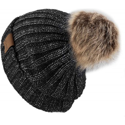 Skullies & Beanies Women Winter Oversized Chunky Thick Stretchy Knitted Pom Pom Beanie Fleece Lined Beanie Hat - 3. Metallic ...