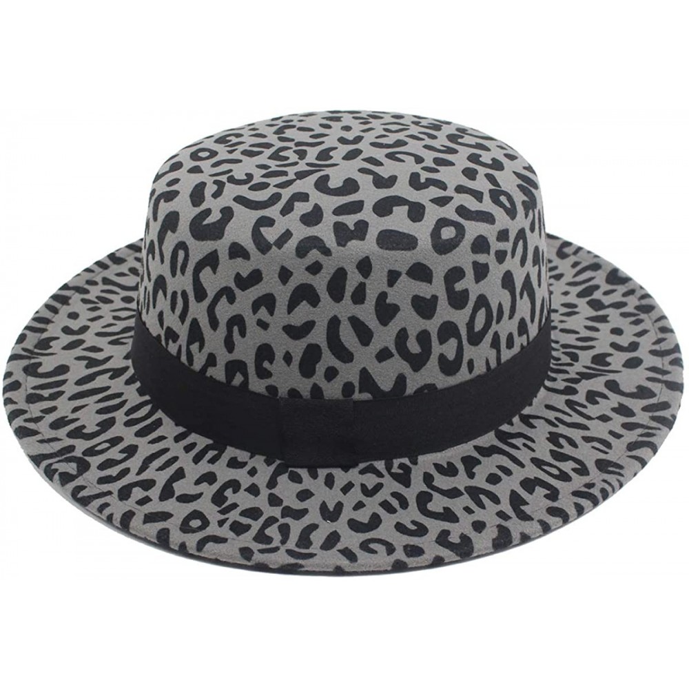 Fedoras Women's Brim Fedora Wool Flat Top Hat Church Derby Bowknot Cap - Grey Leopard - C619373OH3M $21.08