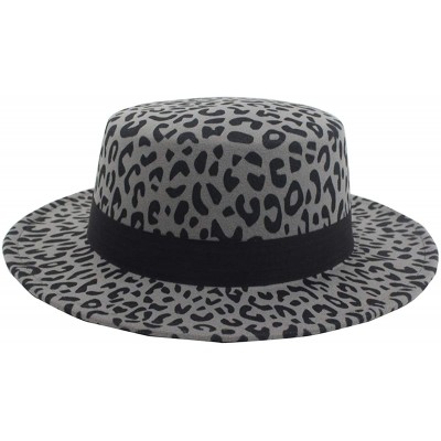 Fedoras Women's Brim Fedora Wool Flat Top Hat Church Derby Bowknot Cap - Grey Leopard - C619373OH3M $21.08