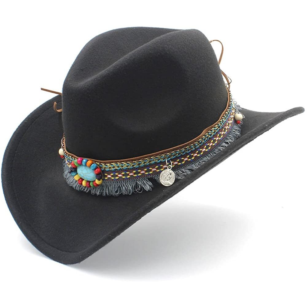 Cowboy Hats Fashion Women Men Western Cowboy Hat for Lady Tassel Felt Cowgirl Sombrero Caps - Black - CJ18DAXEDYH $21.44