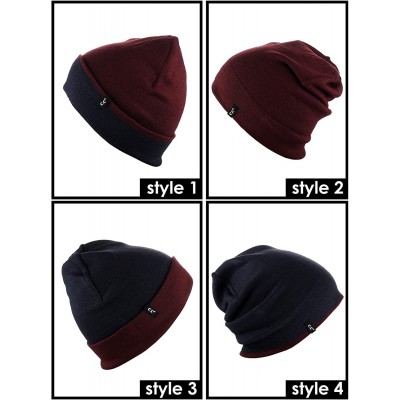 Skullies & Beanies Men's Plain Winter Knit Two Way Cuff and Slouch Reversible Skull Cap Beanie - Wine/Navy - C718IYHMILT $13.55
