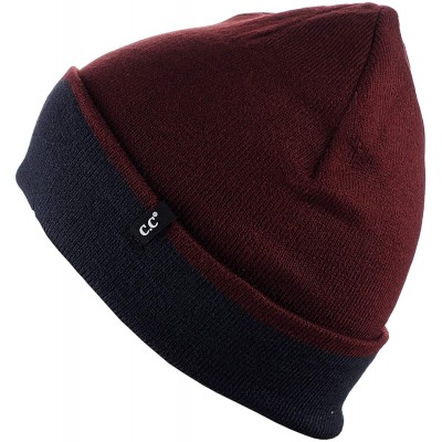 Skullies & Beanies Men's Plain Winter Knit Two Way Cuff and Slouch Reversible Skull Cap Beanie - Wine/Navy - C718IYHMILT $13.55