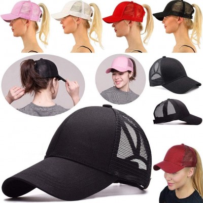 Baseball Caps Ponycap Messy High Bun Ponytail Adjustable Mesh Trucker Baseball Cap Hat for Women - Rose Red - CO18M09CCCM $7.27