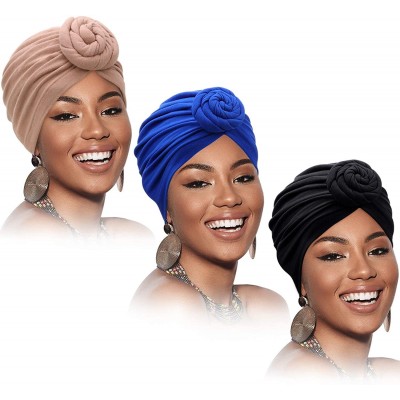 Skullies & Beanies 3 Pieces African Turban for Women Knot Pre-Tied Bonnet Beanie Cap Headwrap - Black- Blue- Khaki - CQ1938IK...