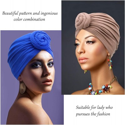 Skullies & Beanies 3 Pieces African Turban for Women Knot Pre-Tied Bonnet Beanie Cap Headwrap - Black- Blue- Khaki - CQ1938IK...