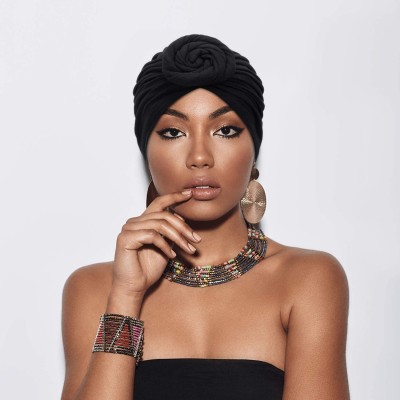 Skullies & Beanies 3 Pieces African Turban for Women Knot Pre-Tied Bonnet Beanie Cap Headwrap - Black- Blue- Khaki - CQ1938IK...