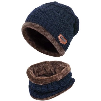 Skullies & Beanies 2-Pieces Winter Beanie Hat Scarf Set Warm Knit Hat & Warm Neck Thick Knit Cap for Men Women Kids - Navy - ...