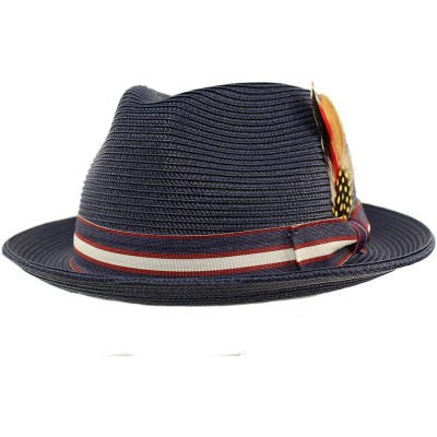 Fedoras Men's Stripe Band Removable Feather Derby Fedora Curled Brim Hat - Navy - C317YOT59R9 $16.74