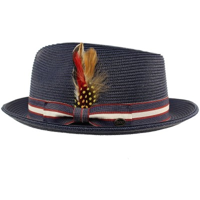 Fedoras Men's Stripe Band Removable Feather Derby Fedora Curled Brim Hat - Navy - C317YOT59R9 $16.74