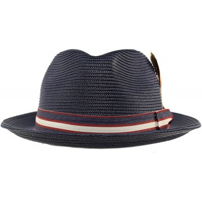 Fedoras Men's Stripe Band Removable Feather Derby Fedora Curled Brim Hat - Navy - C317YOT59R9 $16.74