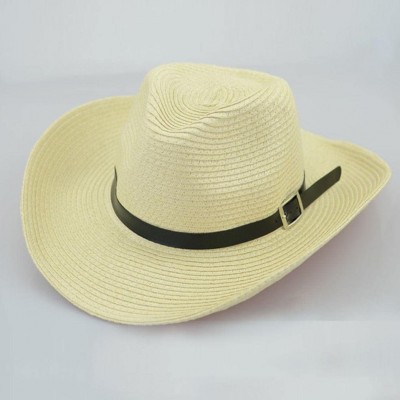 Sun Hats Floppy Foldable Man Unisex Belt Straw Beach Sun Summer Hat Wide Brim (Beige) - Beige - CW18GD9CKXH $7.10