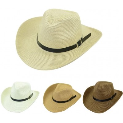 Sun Hats Floppy Foldable Man Unisex Belt Straw Beach Sun Summer Hat Wide Brim (Beige) - Beige - CW18GD9CKXH $7.10