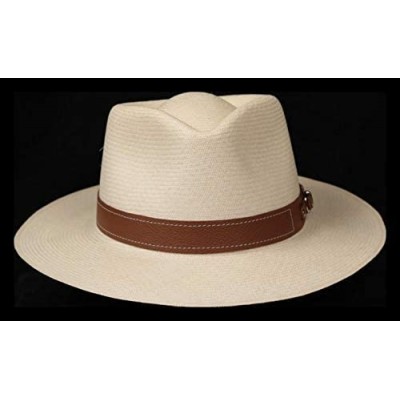 Cowboy Hats (1" & .5") Embossed Patterned Leather Panama Hat Band - Brown Stitch Piel - CS18O2858X0 $25.29