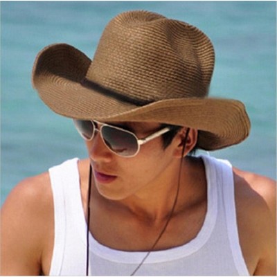 Sun Hats Floppy Foldable Man Unisex Belt Straw Beach Sun Summer Hat Wide Brim (Beige) - Beige - CW18GD9CKXH $7.10