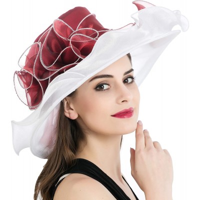 Sun Hats Women's Kentucky Derby Church Summer Organza Wide Brim Party Wedding Hat - Burgundy and White - CM12O1VIJIO $14.38