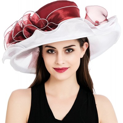 Sun Hats Women's Kentucky Derby Church Summer Organza Wide Brim Party Wedding Hat - Burgundy and White - CM12O1VIJIO $14.38