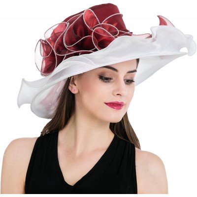 Sun Hats Women's Kentucky Derby Church Summer Organza Wide Brim Party Wedding Hat - Burgundy and White - CM12O1VIJIO $14.38