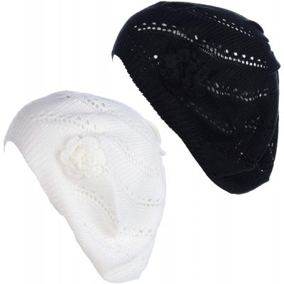 Berets Open Weave Womens Crochet Mesh Beanie Hat Flower Fashion Soft Knit Beret Cap - 2679bkwht - CF194WWNRRH $29.60