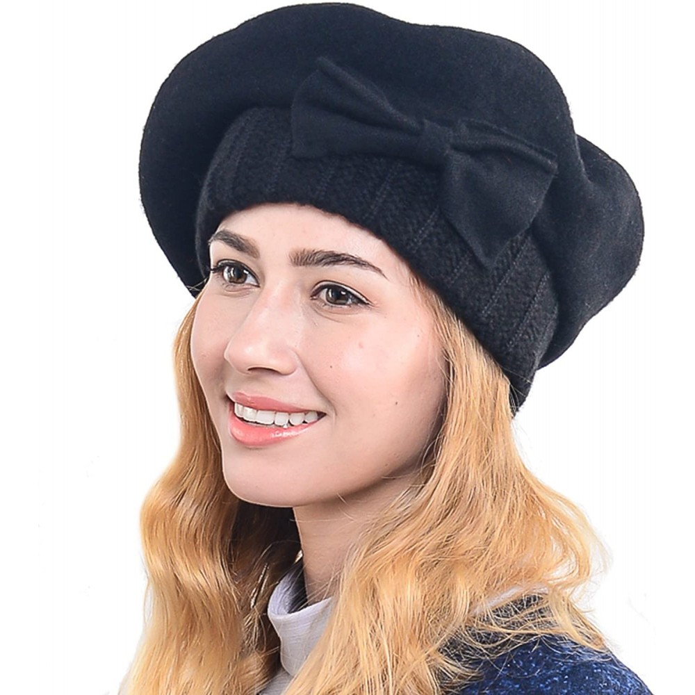 Berets Women's French Beret - 100% Wool Cloche Hat - Beret Beanie for Winter C020 - Hy022-black - CL186X02SNZ $16.28