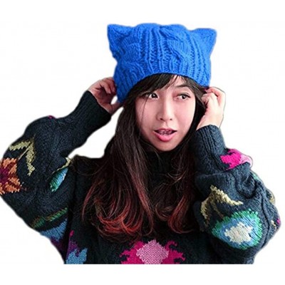 Skullies & Beanies Knit Dog Ear Hat for Women Knitting Crochet Handmade Warmer Beanie Cap - Blue - CA187AL9I47 $10.86