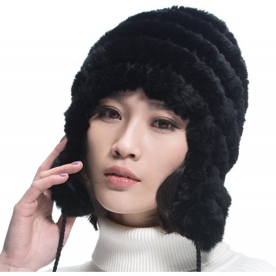 Bomber Hats Women's Rex Rabbit Fur Hats Winter Ear Cap Flexible Multicolor - Black - C811FG5AP19 $37.40