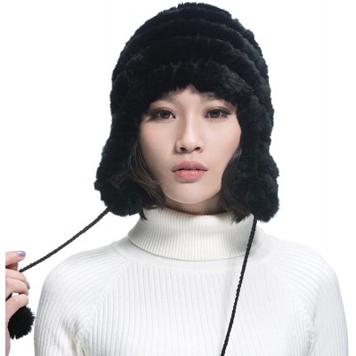 Bomber Hats Women's Rex Rabbit Fur Hats Winter Ear Cap Flexible Multicolor - Black - C811FG5AP19 $16.68