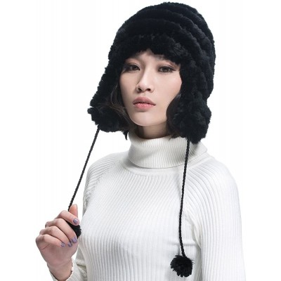 Bomber Hats Women's Rex Rabbit Fur Hats Winter Ear Cap Flexible Multicolor - Black - C811FG5AP19 $16.68