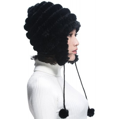 Bomber Hats Women's Rex Rabbit Fur Hats Winter Ear Cap Flexible Multicolor - Black - C811FG5AP19 $16.68