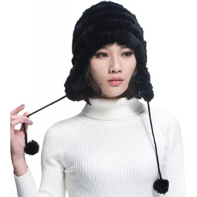 Bomber Hats Women's Rex Rabbit Fur Hats Winter Ear Cap Flexible Multicolor - Black - C811FG5AP19 $16.68