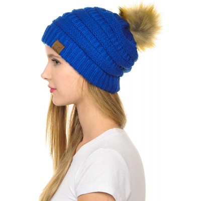 Skullies & Beanies Hat-43 Thick Warm Cap Hat Skully Faux Fur Pom Pom Cable Knit Beanie - Royal - C018X7SYDQS $27.76