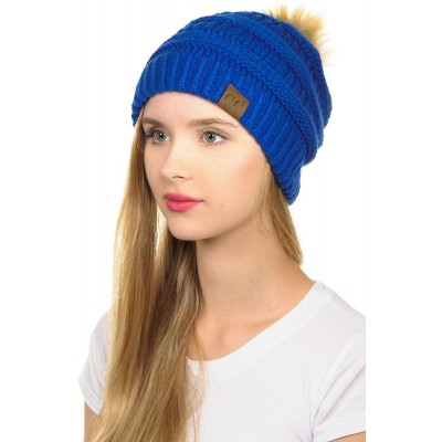 Skullies & Beanies Hat-43 Thick Warm Cap Hat Skully Faux Fur Pom Pom Cable Knit Beanie - Royal - C018X7SYDQS $15.70