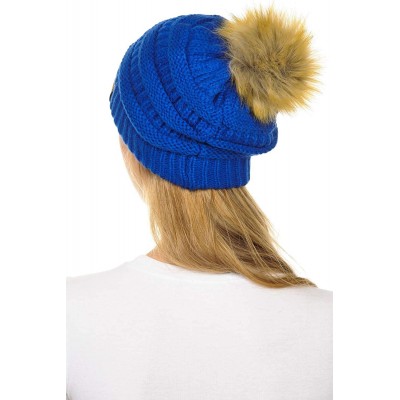 Skullies & Beanies Hat-43 Thick Warm Cap Hat Skully Faux Fur Pom Pom Cable Knit Beanie - Royal - C018X7SYDQS $15.70