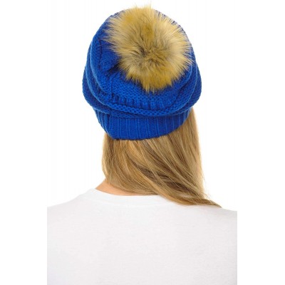 Skullies & Beanies Hat-43 Thick Warm Cap Hat Skully Faux Fur Pom Pom Cable Knit Beanie - Royal - C018X7SYDQS $15.70