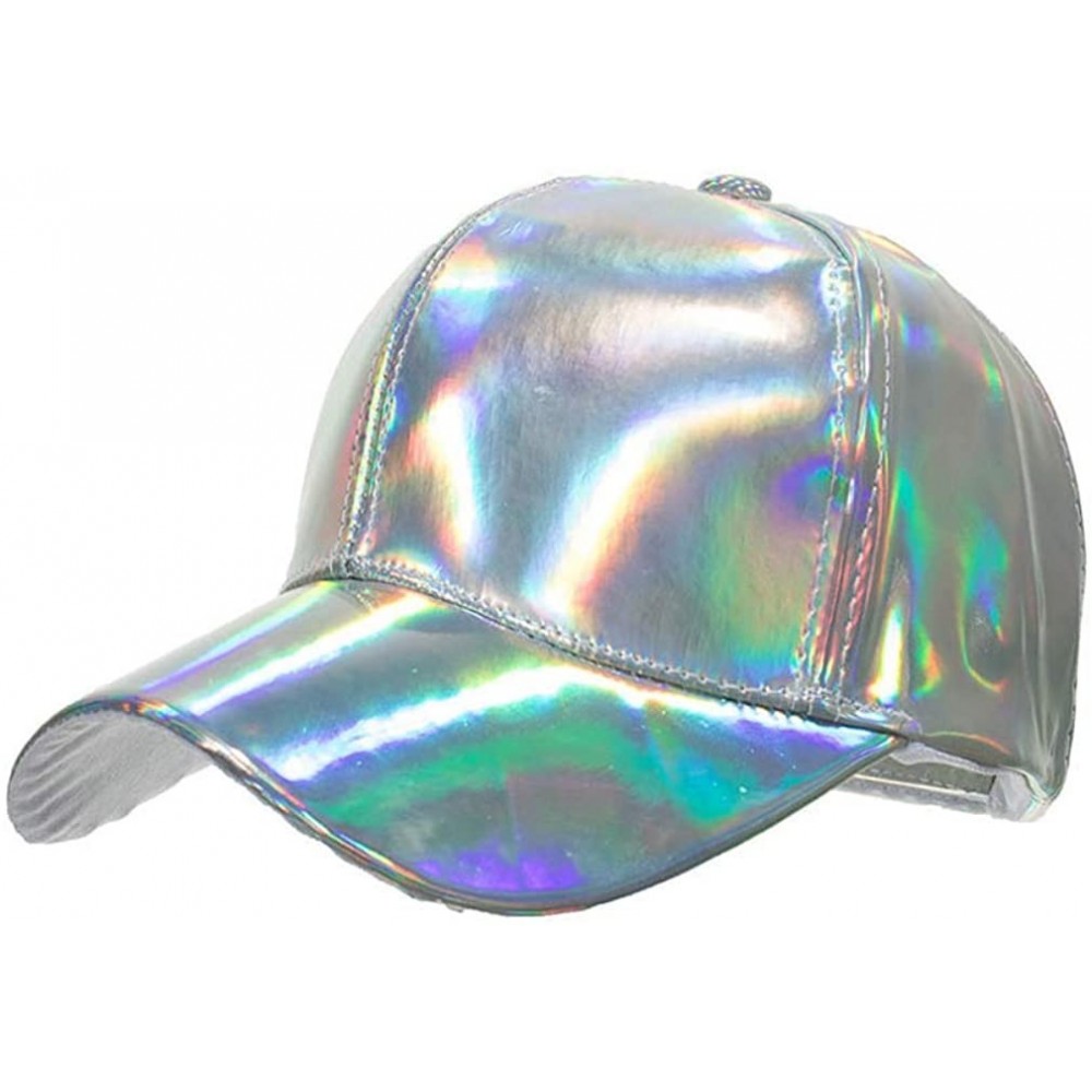 Baseball Caps Shiny Holographic Baseball Cap Laser Leather Rainbow Reflective Glossy Snapback Hats - Silver - CW18H0DL4KO $15.89