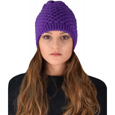 Skullies & Beanies Thick Crochet Knit Quilted Double Layer Beanie Slouchy Hat - Purple - CW12N307CUJ $8.81