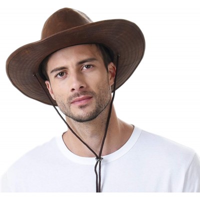 Cowboy Hats Indiana Jones Hat Weathered Faux Leather Outback Hat GN8749 - Brown - CX184HR8CU3 $34.83