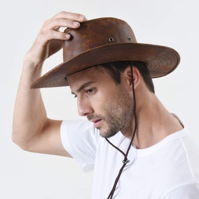 Cowboy Hats Indiana Jones Hat Weathered Faux Leather Outback Hat GN8749 - Brown - CX184HR8CU3 $34.83