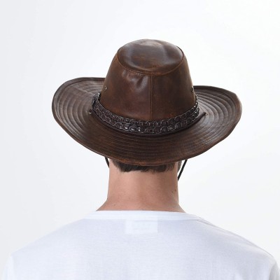Cowboy Hats Indiana Jones Hat Weathered Faux Leather Outback Hat GN8749 - Brown - CX184HR8CU3 $34.83