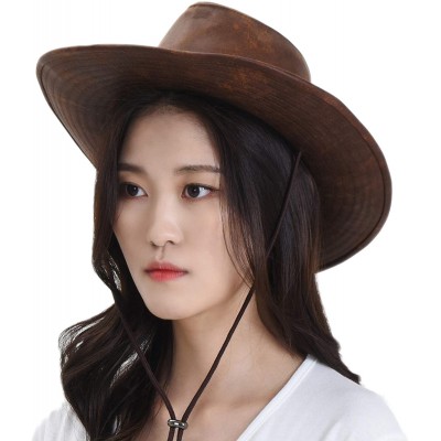 Cowboy Hats Indiana Jones Hat Weathered Faux Leather Outback Hat GN8749 - Brown - CX184HR8CU3 $34.83
