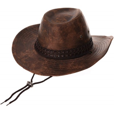 Cowboy Hats Indiana Jones Hat Weathered Faux Leather Outback Hat GN8749 - Brown - CX184HR8CU3 $34.83