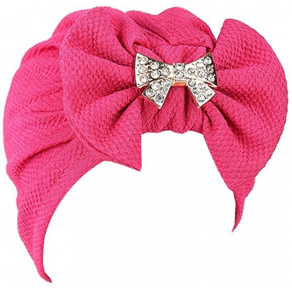 Skullies & Beanies Women Solid Bow Pre Tied Cancer Chemo Hat Beanie Turban Stretch Head Wrap Cap - Hot Pink - C0185A7S76G $10.00