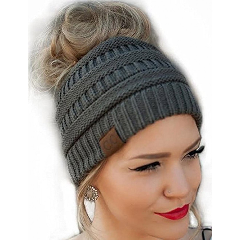 Skullies & Beanies Quality Knit Messy Bun Hat Beanie - Grey - C612O377M6C $14.00