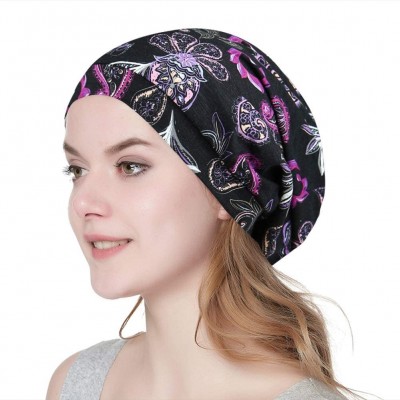 Skullies & Beanies Satin Lined Sleep Cap Slouchy Slap Hat — Soft Elastic Band- Stay All Night - Purple Black - CN18I3XU7L0 $1...