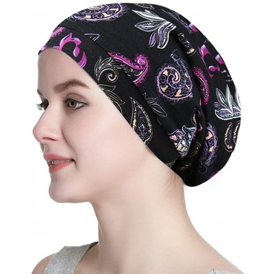 Skullies & Beanies Satin Lined Sleep Cap Slouchy Slap Hat — Soft Elastic Band- Stay All Night - Purple Black - CN18I3XU7L0 $1...