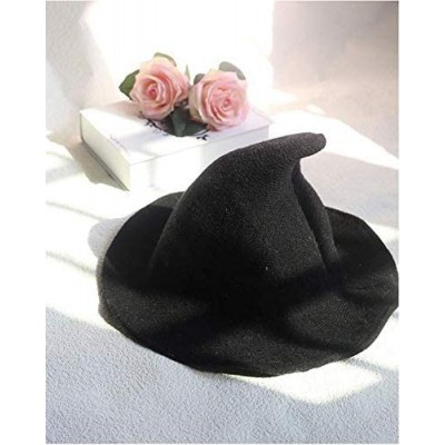 Skullies & Beanies Modern Witch Hat Women Wide Brim Spire Knitted Cap Halloween Cosplay Felt Hat Flat Wool Costume - Black - ...