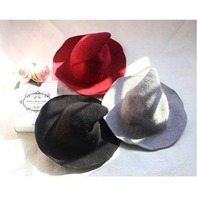 Skullies & Beanies Modern Witch Hat Women Wide Brim Spire Knitted Cap Halloween Cosplay Felt Hat Flat Wool Costume - Black - ...